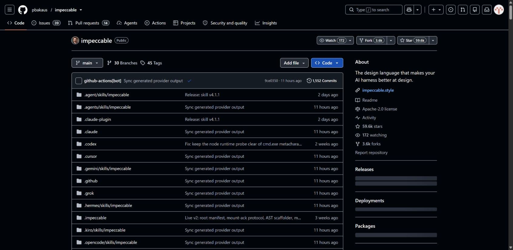 GitHub repository page for pbakaus/impeccable