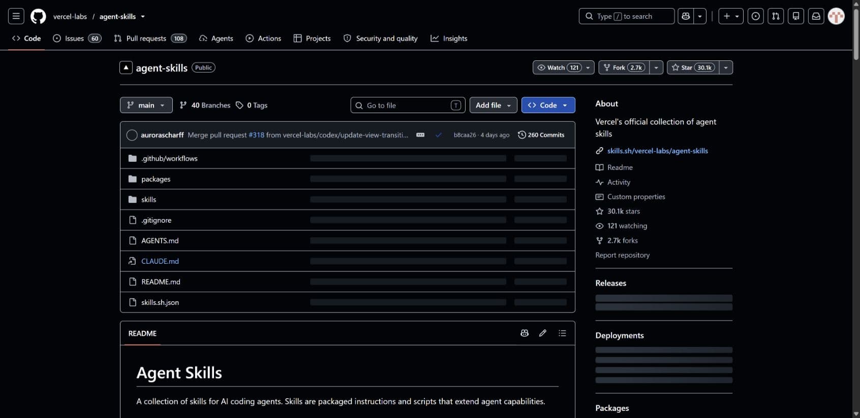 GitHub repository page for vercel-labs/agent-skills