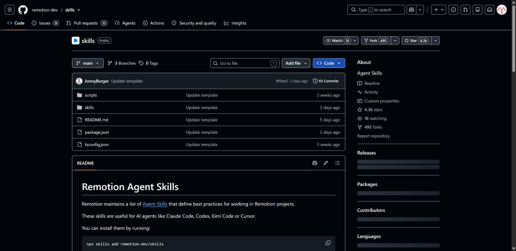 GitHub repository page for remotion-dev/skills