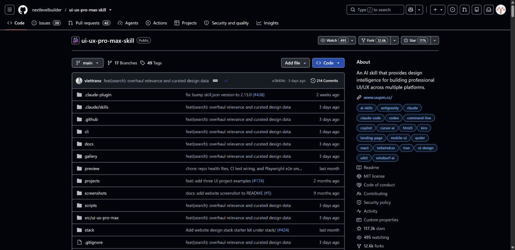 GitHub repository page for nextlevelbuilder/ui-ux-pro-max-skill