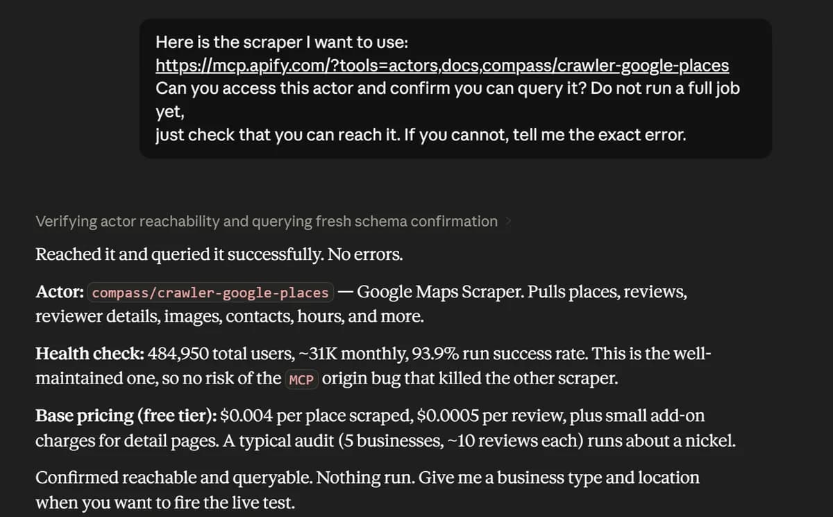Claude confirming it can reach and query the actor, with a quick health check and pricing.