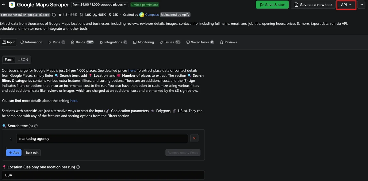 On the actor page, the API button is at the top right.