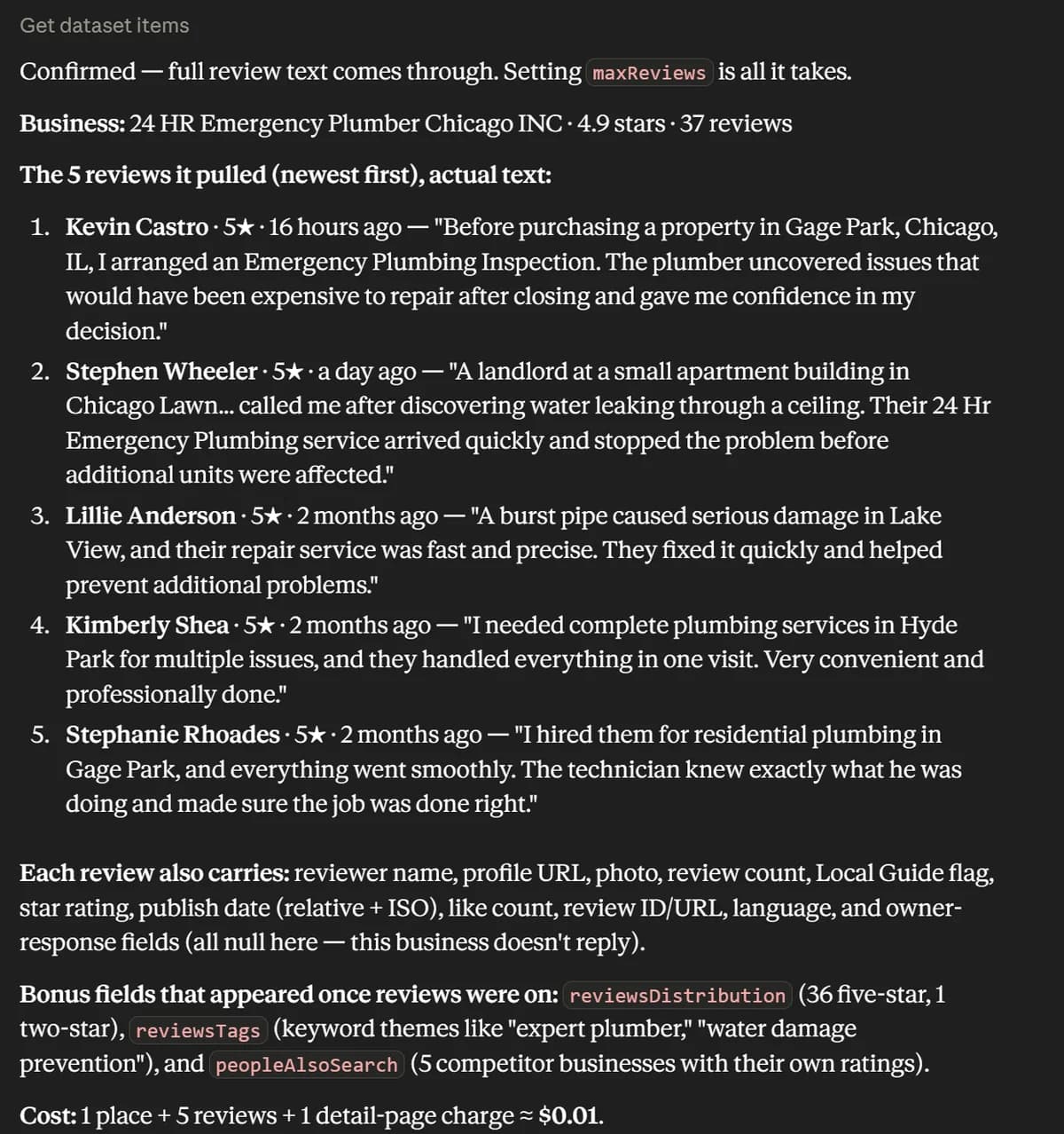 The live test: full review text comes through, with reviewer, rating, and date for each.