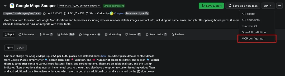 Open the API menu and choose MCP configurator.