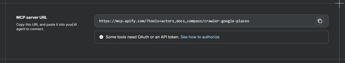 Apify's MCP server URL for the Google Places scraper. Copy it.