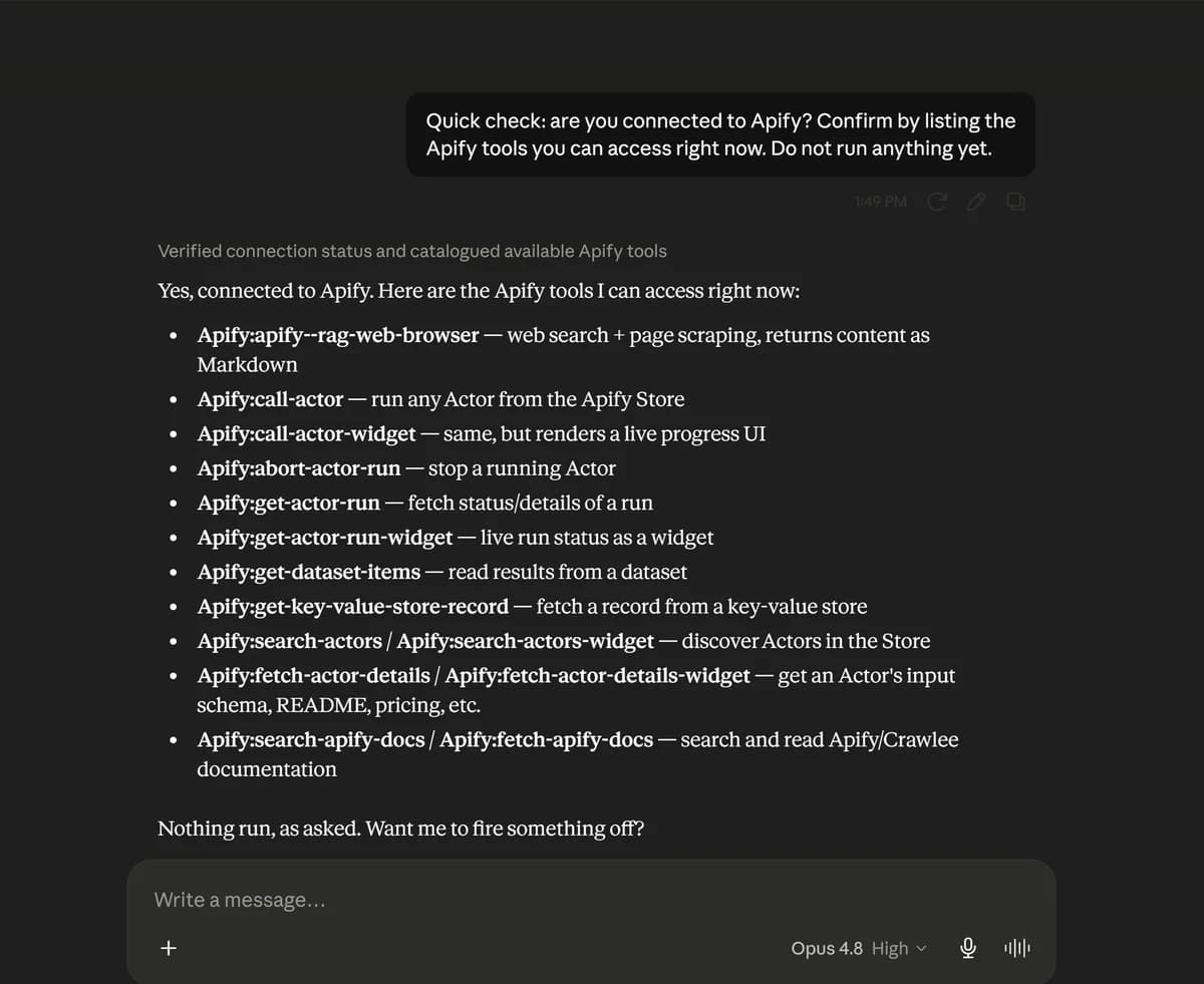 Claude confirming Apify is connected and listing its available tools.
